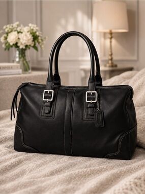 Coach Black Leather Shoulder Bag structured tote Silver Hardware work